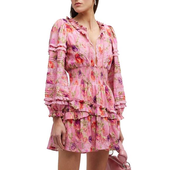 LoveShackFancy Clarkie Pink Embroidered Lace Mini Dress Size XS - Picture 1 of 6